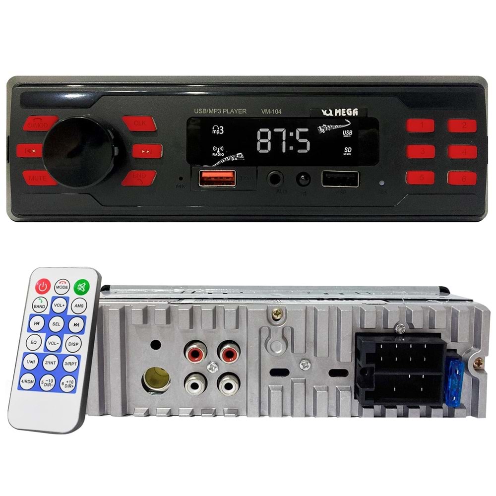 MEGA VM-104 Oto Teyp 4X50 Watt Bluetooth 2xUsb Sd Fm Aux 7 Renk