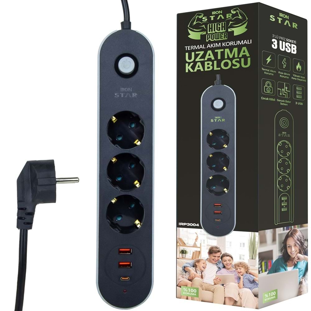 IRN 2MT 3xUSB AKIM KORUMALI 3 LÜ PRİZ IRP3004