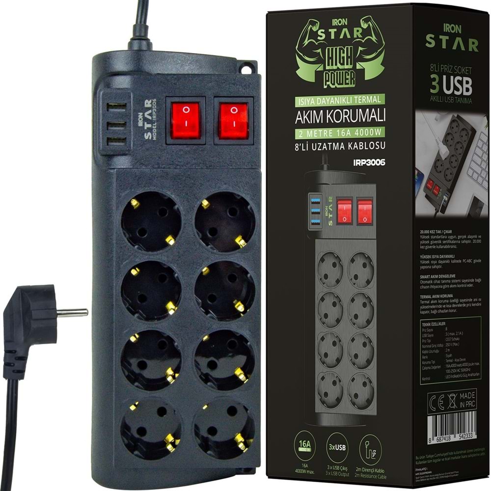 IRN 2MT 3xUSB AKIM KORUMALI 8 SOKETLİ PRİZ IRP3006