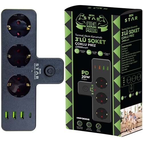 IRN 2MT 3xUSB+1TYPC-E AKIM KORUMALI 3 LÜ PRİZ IRP3002