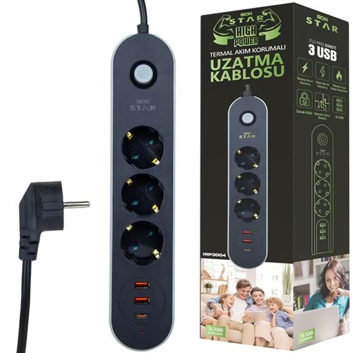 IRN 2MT 3xUSB AKIM KORUMALI 3 LÜ PRİZ IRP3004