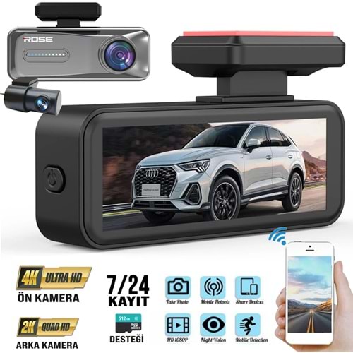 MR-81 Wifi İkili Araç içi ve Arka Kamera DVR Led Ekran Gece Görüşlü 4K+2K